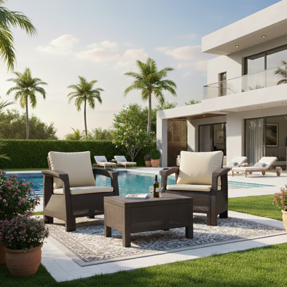 2-Seater Outdoor Sofa Set – Dark Brown Plastic Chairs with Beige Back and Seat Cushions & Coffee Table, Weather-Resistant Patio & Balcony Furniture with Built-In Cup Holders