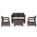 4-Seater Outdoor Sofa Set – Dark Brown Plastic Chairs with Beige Seat Cushions & Coffee Table, Weather-Resistant Patio & Garden Furniture with Built-In Cup Holders