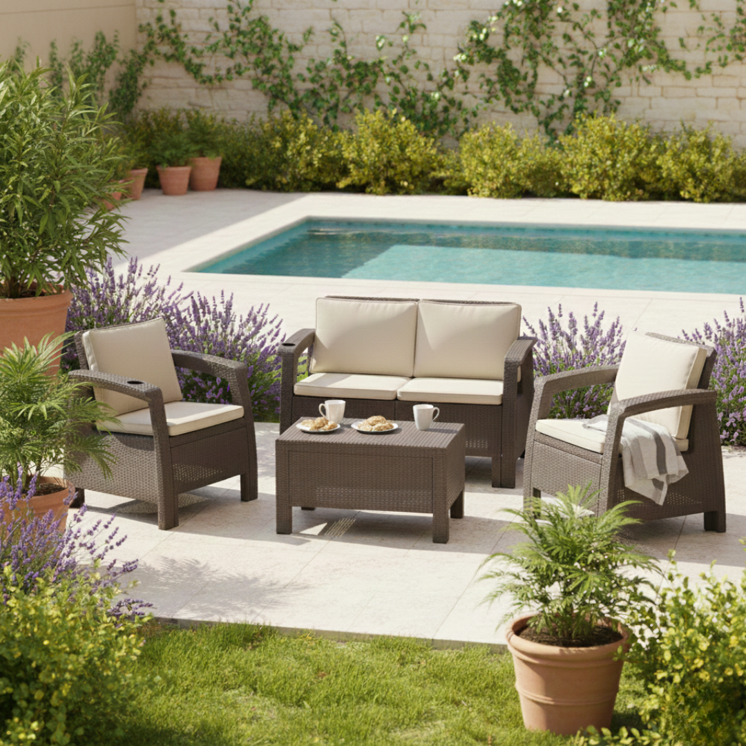 4-Seater Outdoor Sofa Set – Dark Brown Plastic Seating with Seat & Back Cushions & Coffee Table, Weather-Resistant Patio & Garden Furniture with Built-In Cup Holders