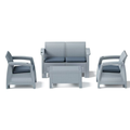 4-Seater Outdoor Sofa Set – Silver Plastic Seating with Dark Grey Seat Cushions & Coffee Table, Weather-Resistant Patio & Garden Furniture with Built-In Cup Holders