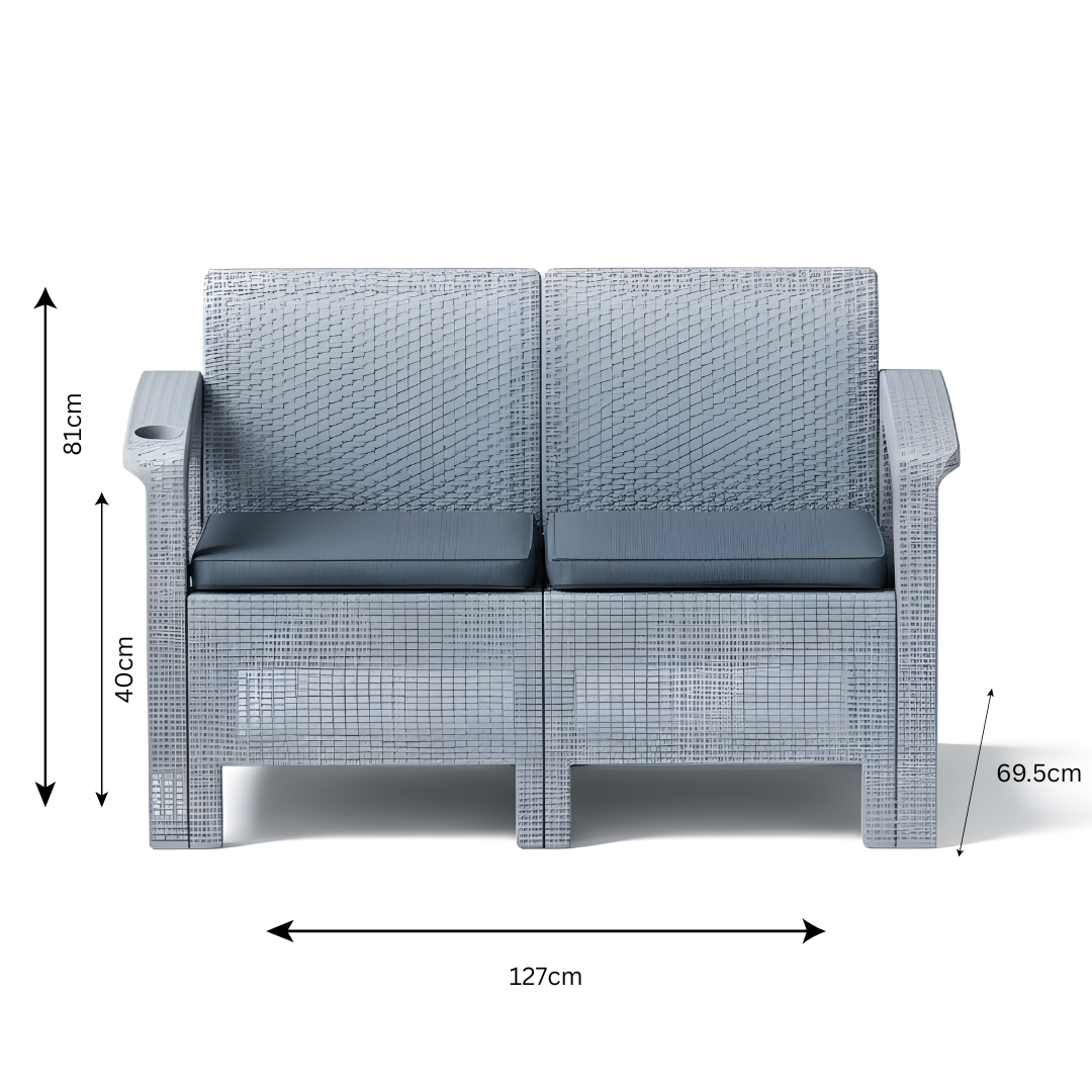 4-Seater Outdoor Sofa Set – Silver Plastic Seating with Dark Grey Seat Cushions & Coffee Table, Weather-Resistant Patio & Garden Furniture with Built-In Cup Holders