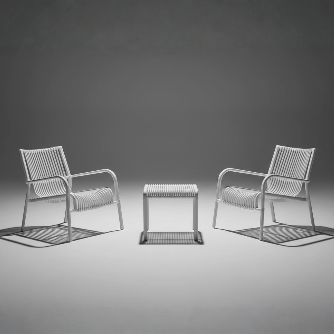 2-Seater Outdoor Bistro Set – White Plastic Chairs with Coffee Table, Weather-Resistant Patio & Balcony Furniture, UV-Resistant Recyclable Material