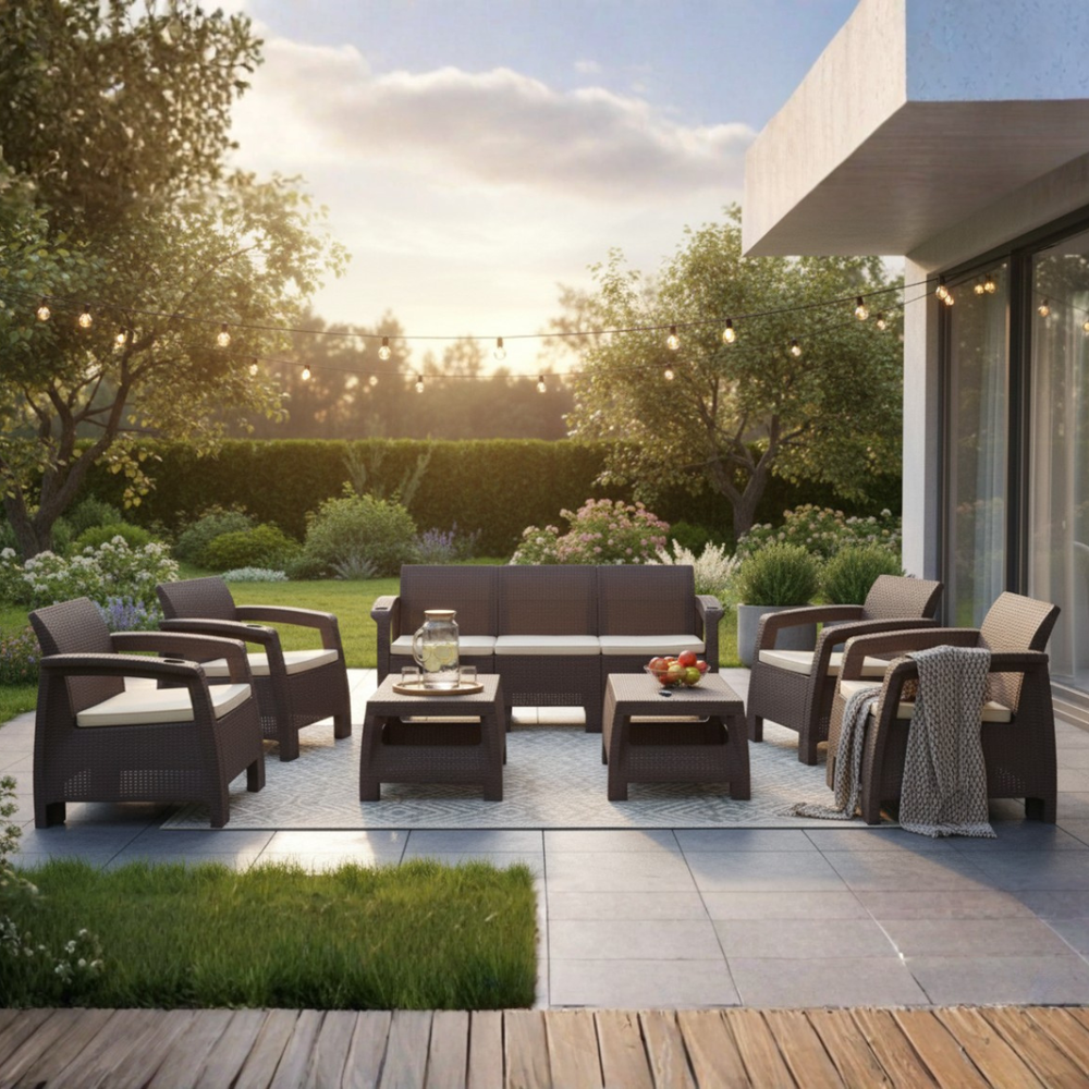 7-Seater Outdoor Sofa Set – Dark Brown Rattan-Style Plastic Seating with Beige Seat Cushions & Two Coffee Tables