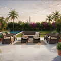 7-Seater Outdoor Sofa Set – Dark Brown Rattan-Style Plastic Seating with Beige Seat Cushions & Two Coffee Tables