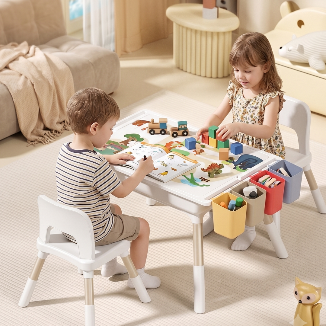 Multifunctional Kids Activity Table & 2 Chairs Set | Adjustable Height | Building Block, Study, Drawing, Sand & Water Play
