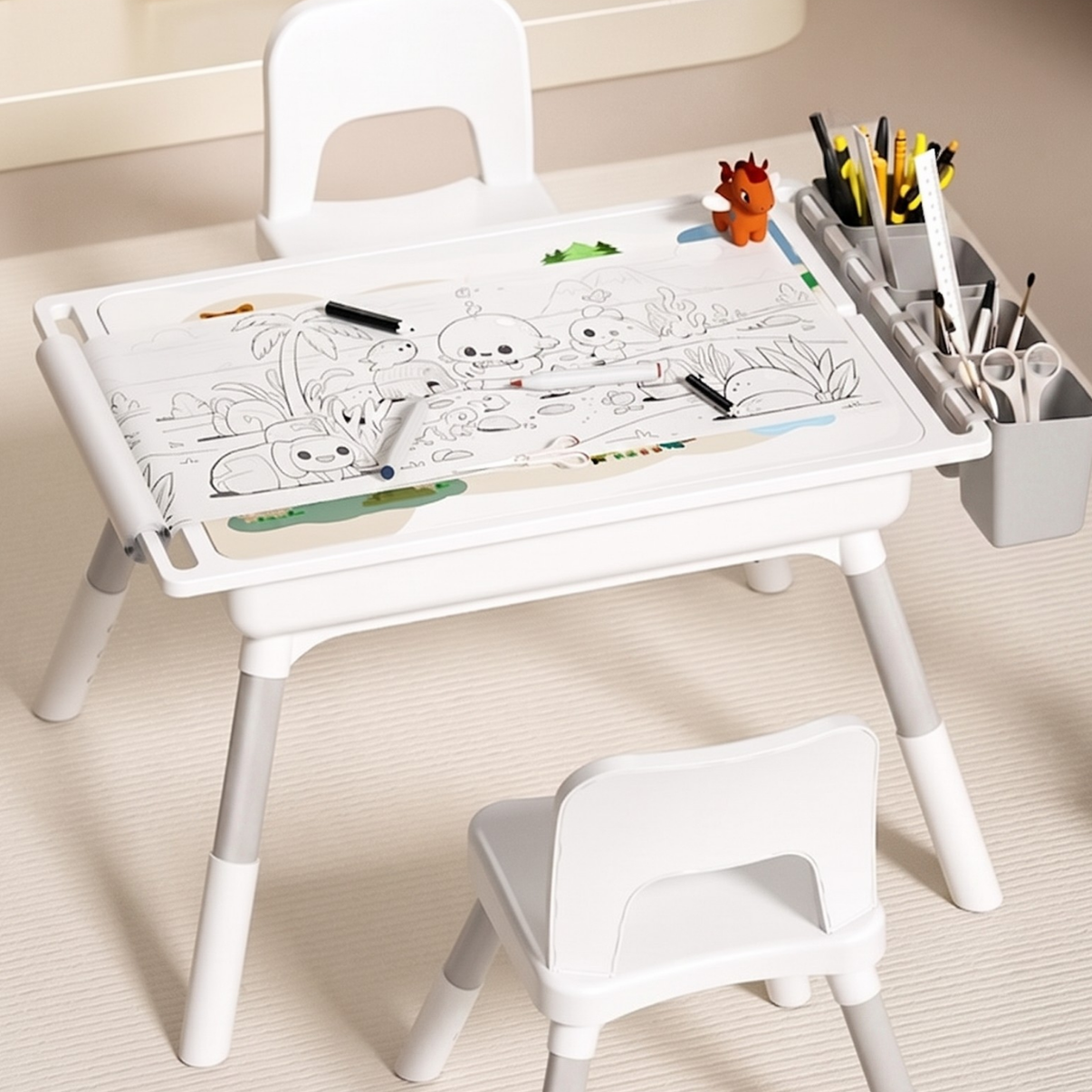 Multifunctional Kids Activity Table & 2 Chairs Set | Adjustable Height | Building Block, Study, Drawing, Sand & Water Play