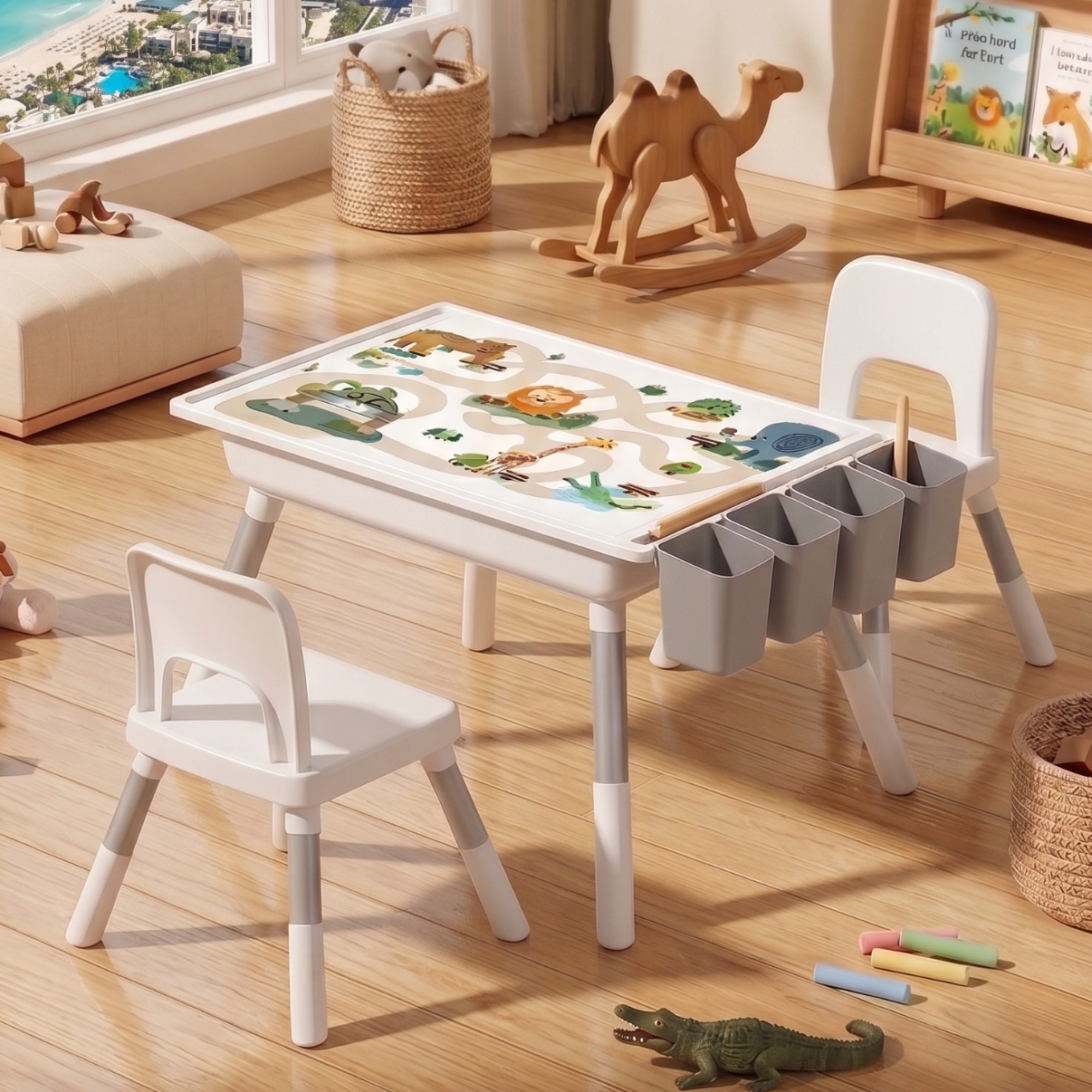 Multifunctional Kids Activity Table & 2 Chairs Set | Adjustable Height | Building Block, Study, Drawing, Sand & Water Play