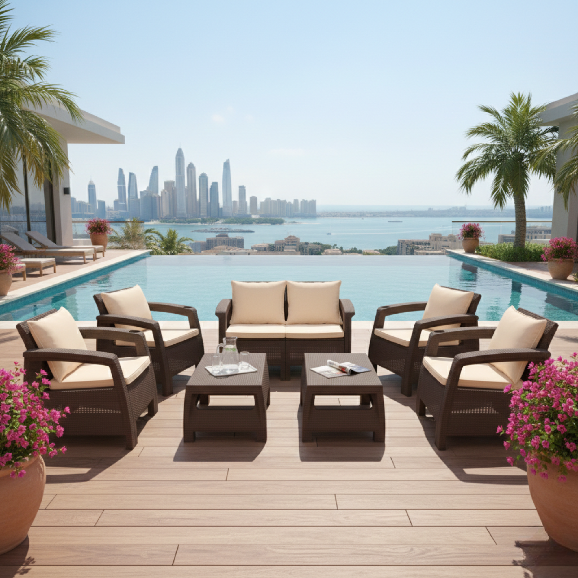 Marcolo Brown Rattan 6-Seater Sofa Set with Two Coffee Tables