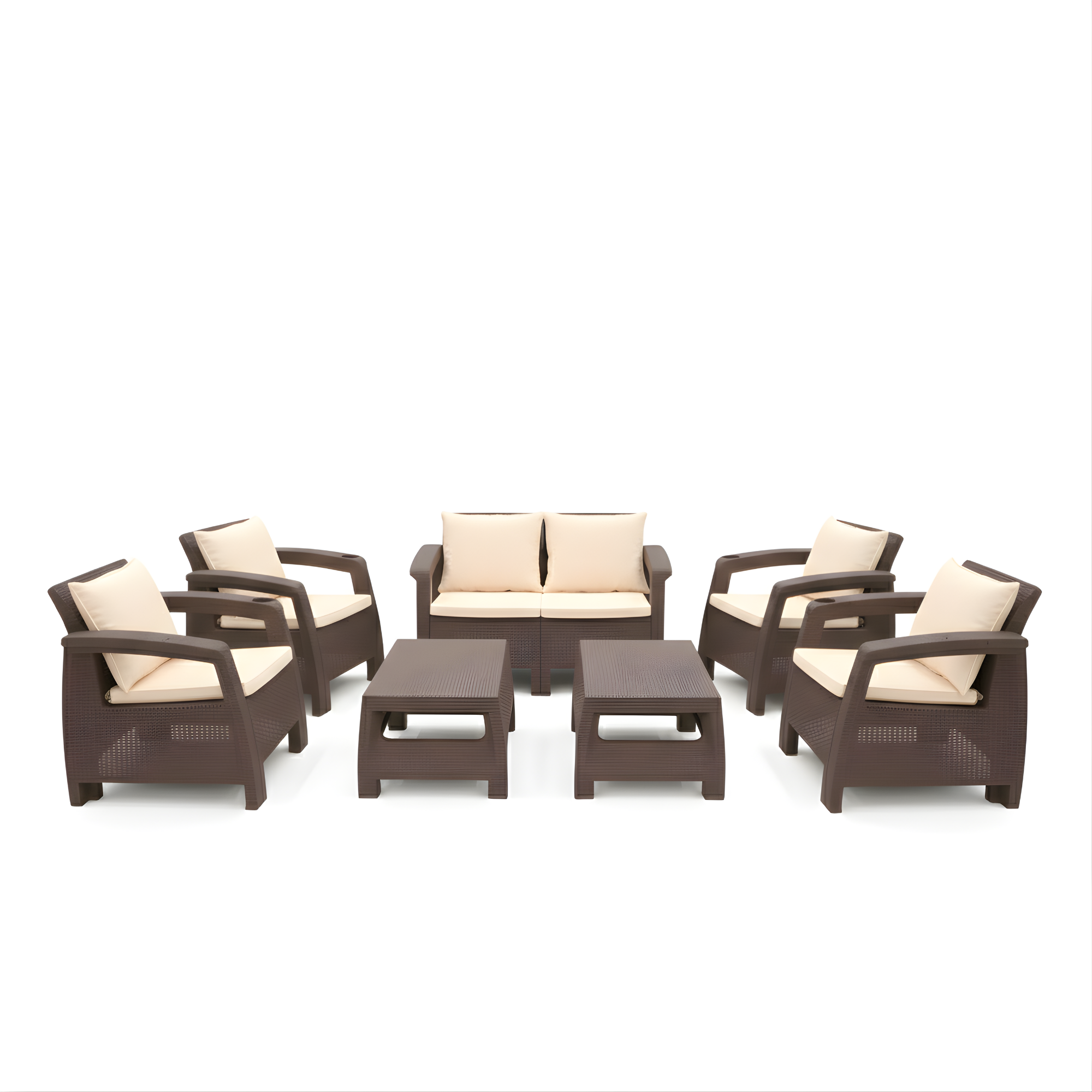 Marcolo Brown Rattan 6-Seater Sofa Set with Two Coffee Tables