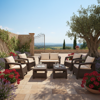 Marcolo Brown Rattan Outdoor Loveseat with Cream Seating Cushions