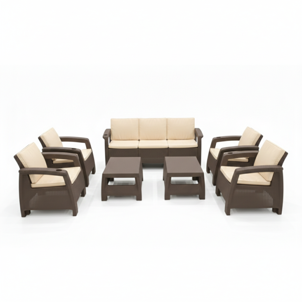Marcolo Brown Rattan 7-Seater Outdoor Sofa Set with Two Coffee Tables