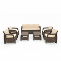 7-Seater Outdoor Sofa Set – Dark Brown Rattan-Style Plastic Seating with Beige Seat Cushions & Two Coffee Tables