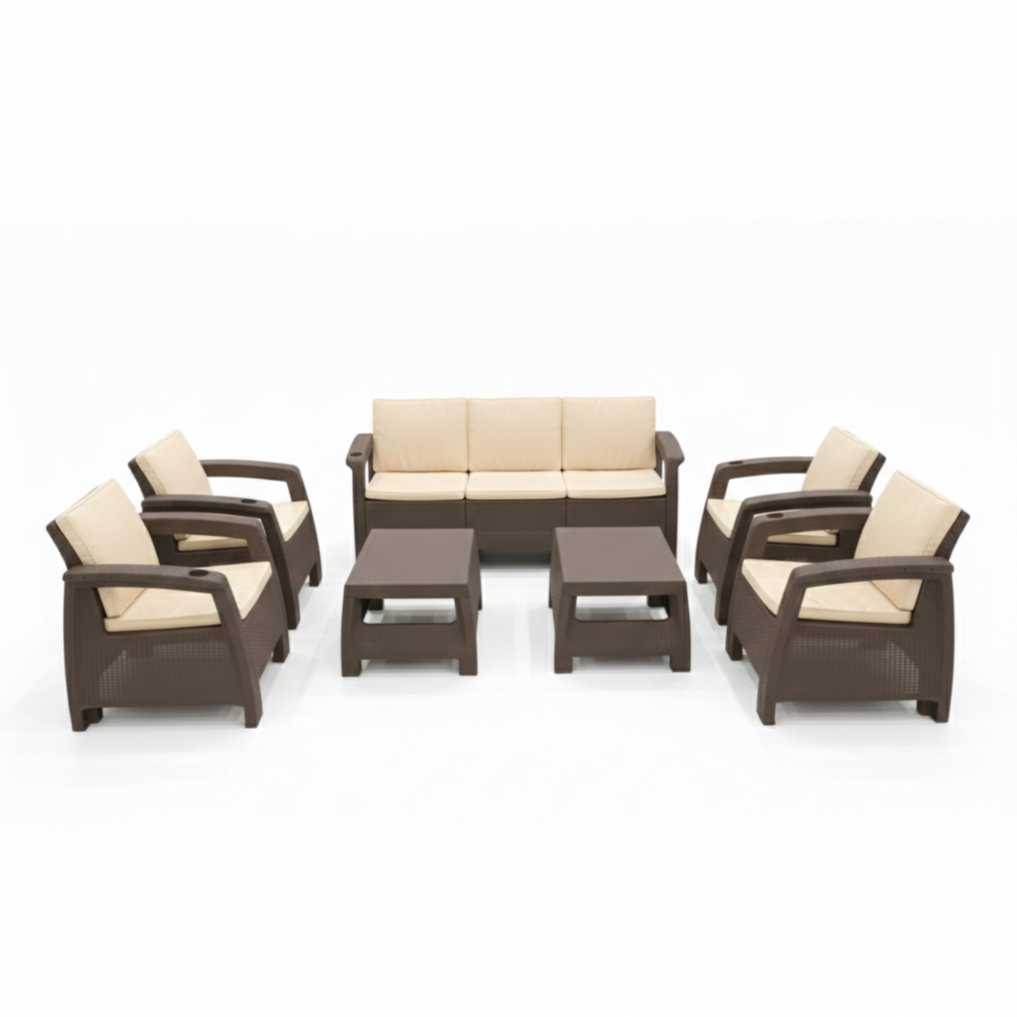 Marcolo Brown Rattan 7-Seater Sofa Set with Two Coffee Tables
