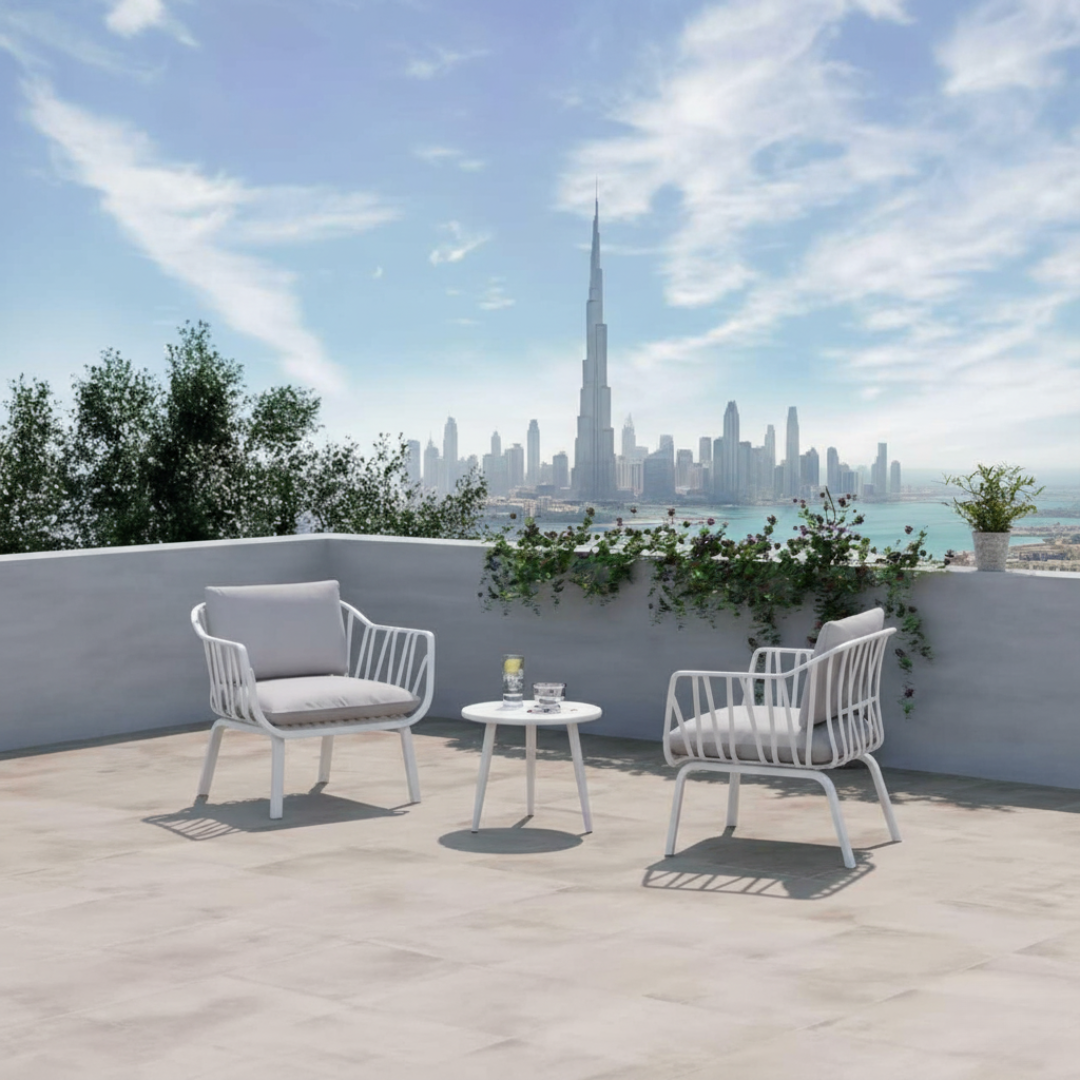 Aria Bistro Set – Modern, Weather-Resistant Outdoor Seating with Cushions (White)