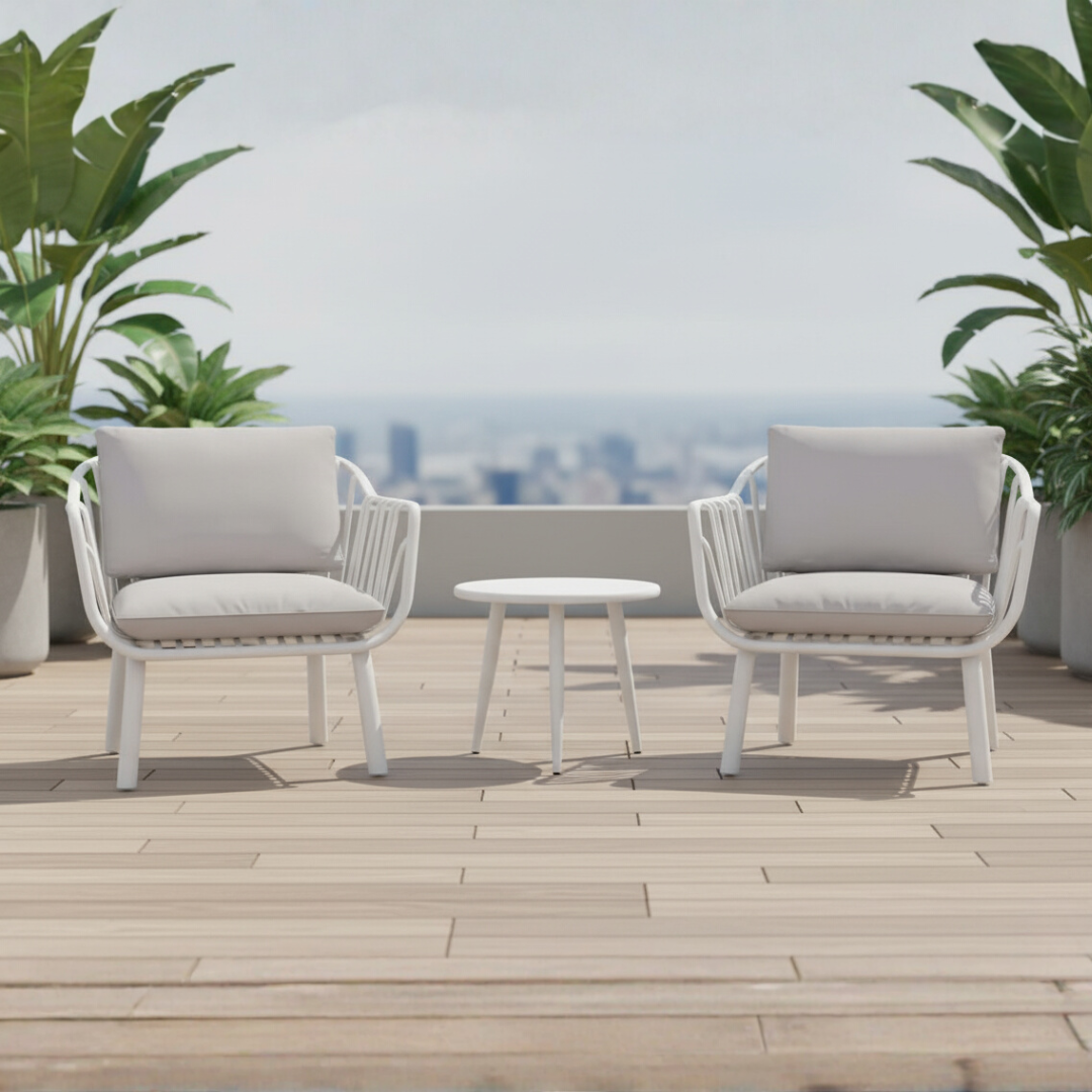 Aria Bistro Set – Modern, Weather-Resistant Outdoor Seating with Cushions (White)