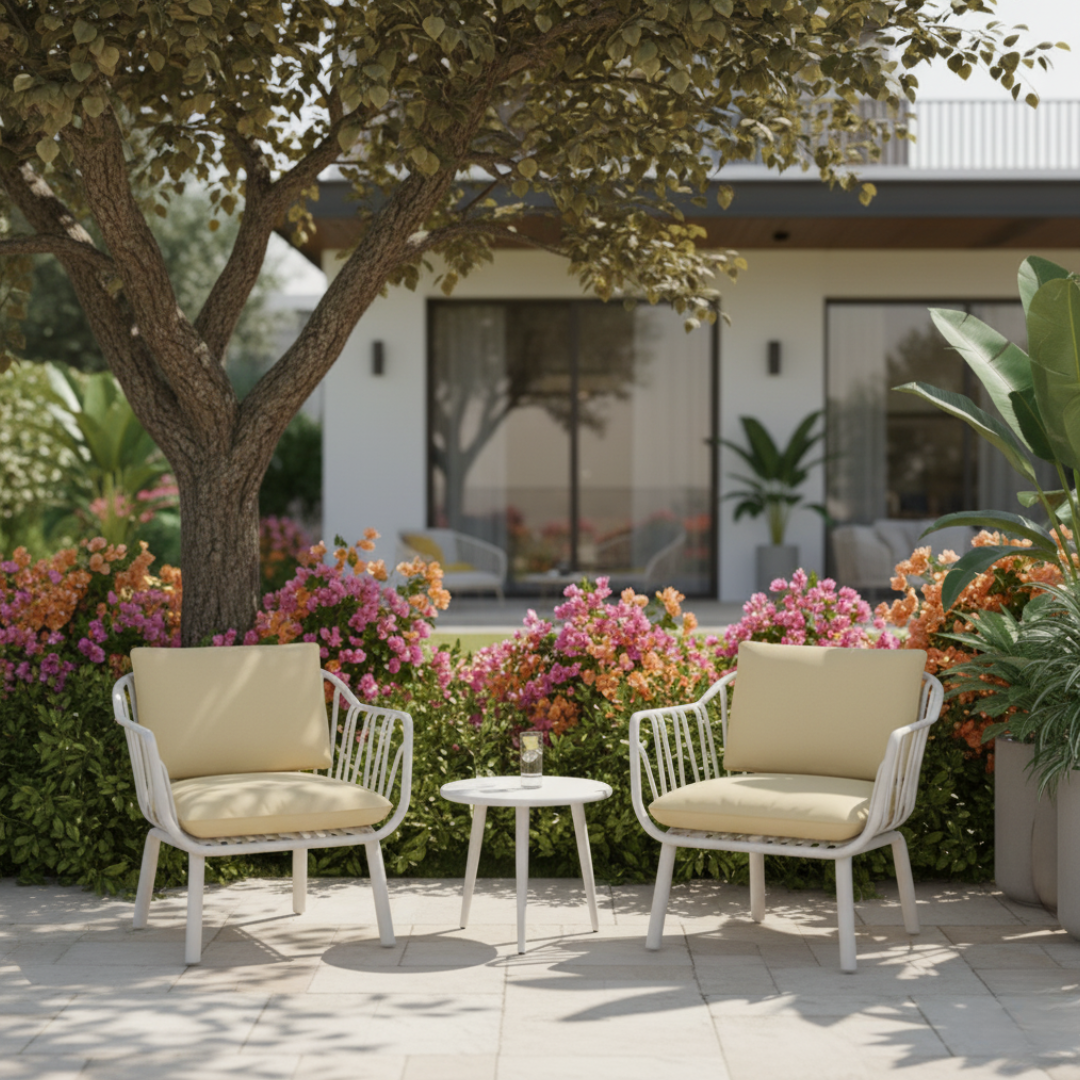 Aria Bistro Set – Modern, Weather-Resistant Outdoor Seating with Cushions (White)