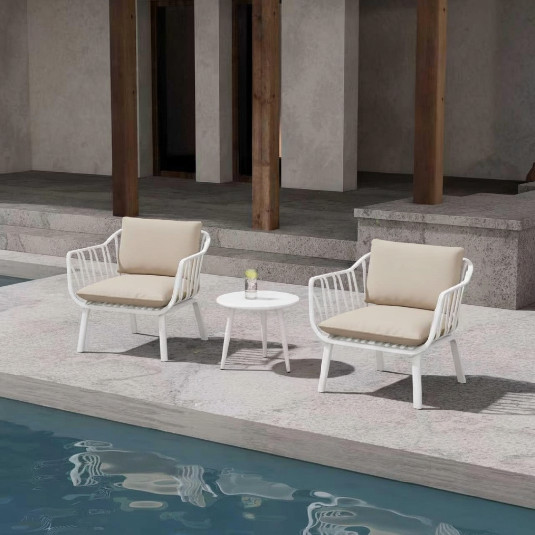 Aria Bistro Set – Modern, Weather-Resistant Outdoor Seating with Cushions (White)