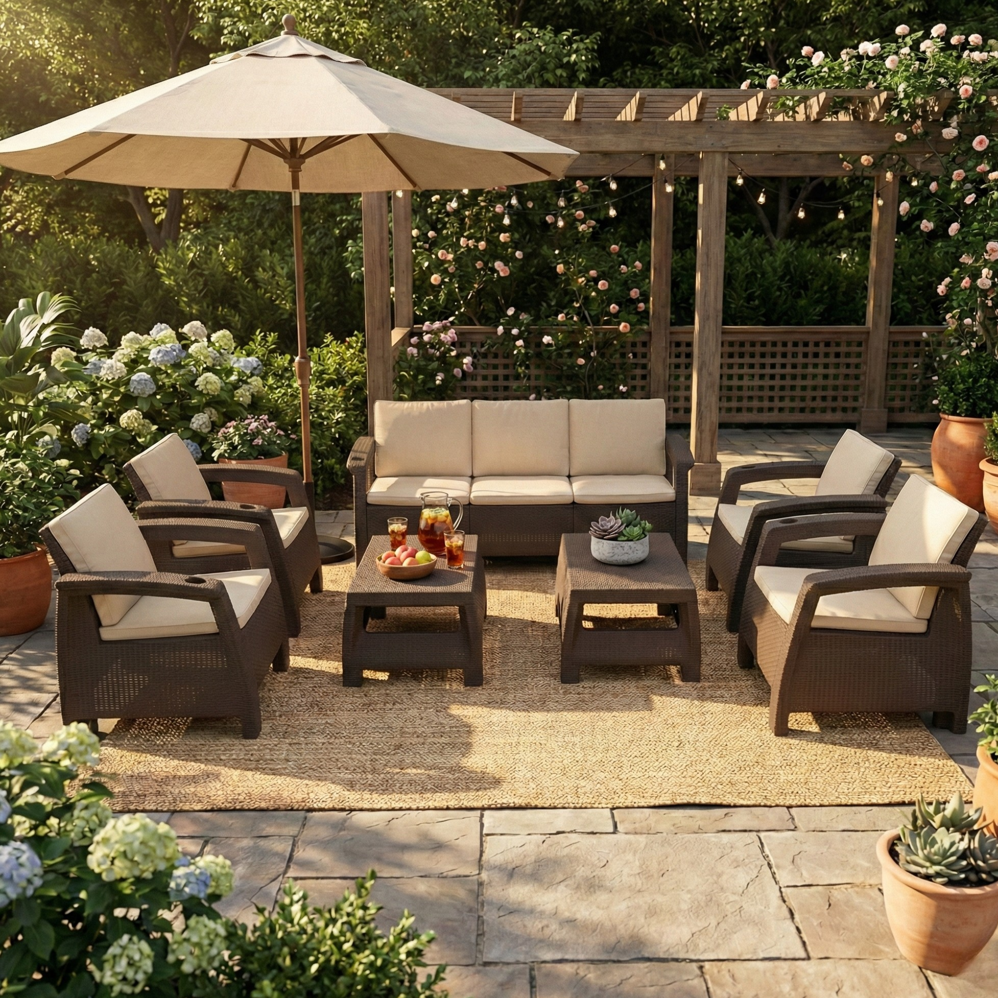 Marcolo Brown Rattan 7-Seater Outdoor Sofa with Cream Cushions