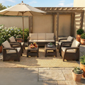 7-Seater Outdoor Sofa Set – Dark Brown Rattan-Style Plastic Seating with Beige Seat & Back Cushions and Two Coffee Tables