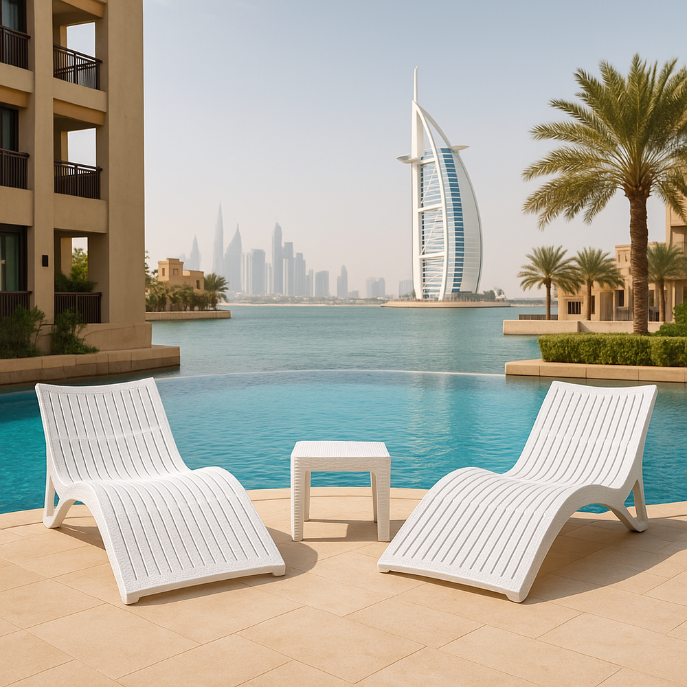 Modern Outdoor Luxury Sun Lounger Set – 2 Adjustable Loungers + Side Table, Weatherproof & UV-Resistant (White)