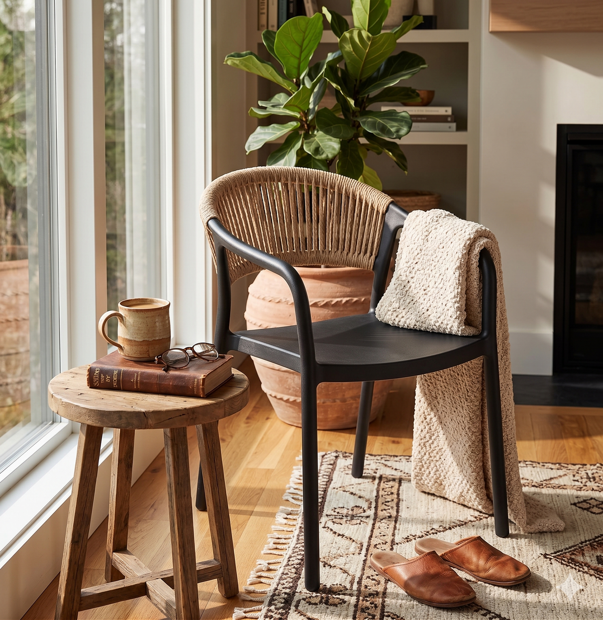 Marcolo Siena dining chair with arms, black, in a living room, closer view