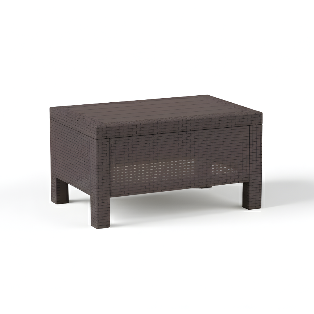 2-Seater Outdoor Sofa Set – Dark Brown Plastic Chairs with Beige Seat Cushions & Coffee Table, Weather-Resistant Patio & Balcony Furniture with Built-In Cup Holders