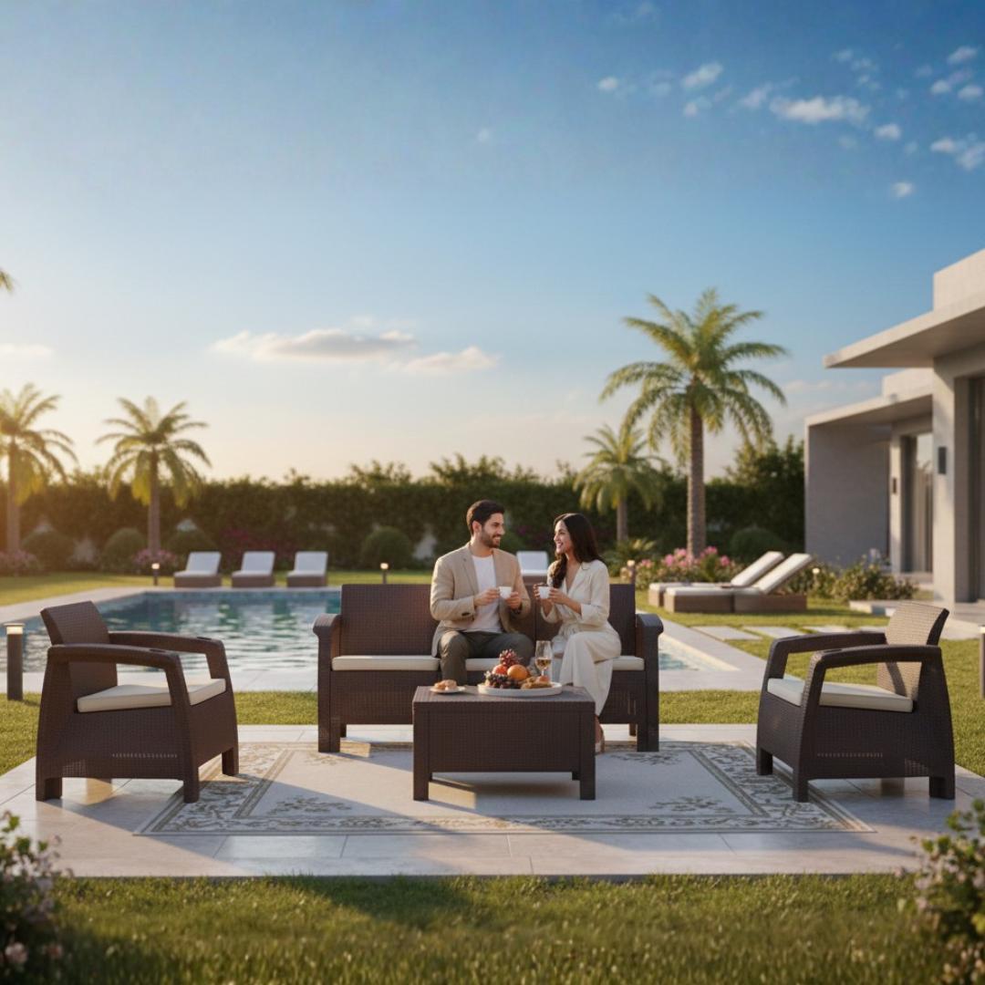 5-Seater Sofa Lounge Set – 3-Seater, 2 Armchairs, Coffee Table & Cushions – Outdoor Rattan Design