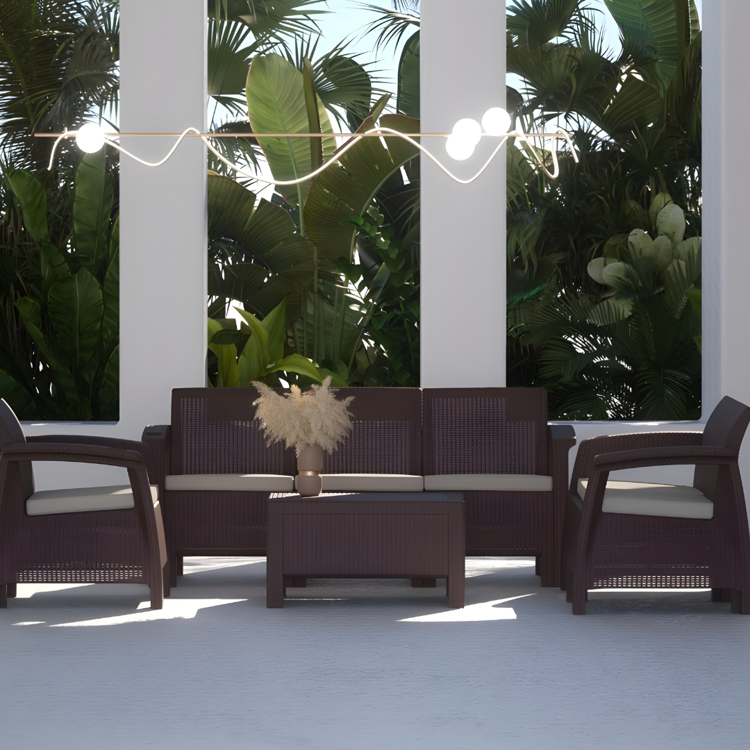 5-Seater Sofa Lounge Set – 3-Seater, 2 Armchairs, Coffee Table & Cushions – Outdoor Rattan Design