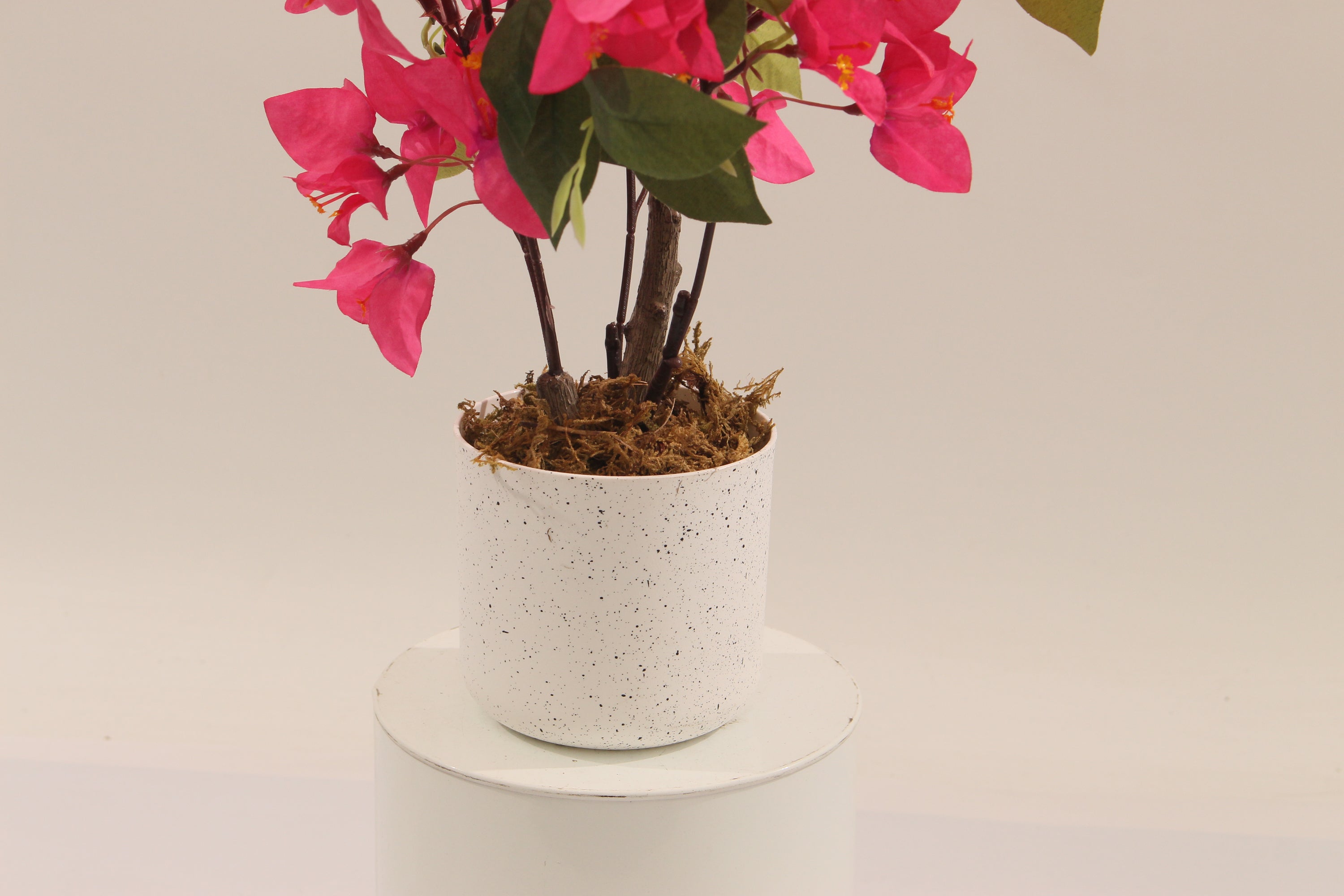 Close-up of artificial bougainvillea in a white Marcolo pot.