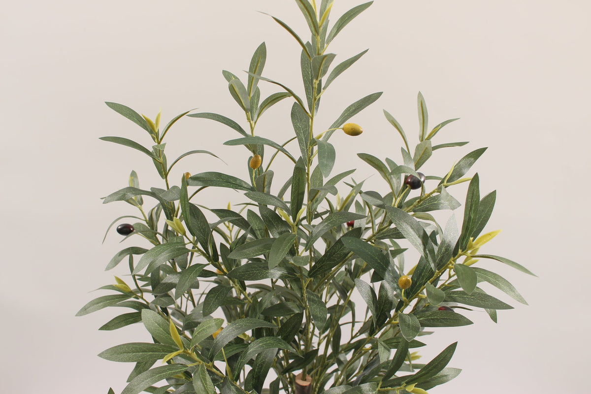 Close-up of the leaves and black olives on the Marcolo 120 cm artificial olive tree