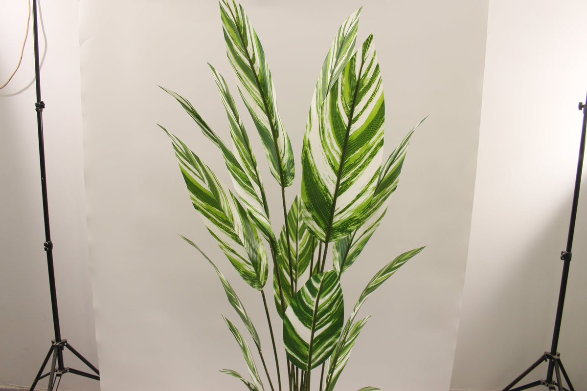 Close-up of the green and white striped leaves on the Marcolo 170 cm artificial white bird of paradise