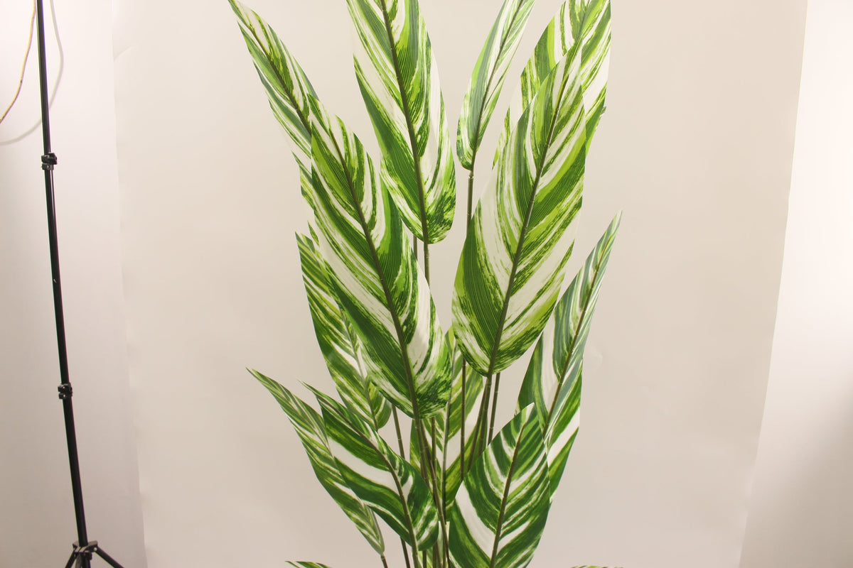 Close-up of the green and white striped leaves on the Marcolo 190 cm artificial white bird of paradise
