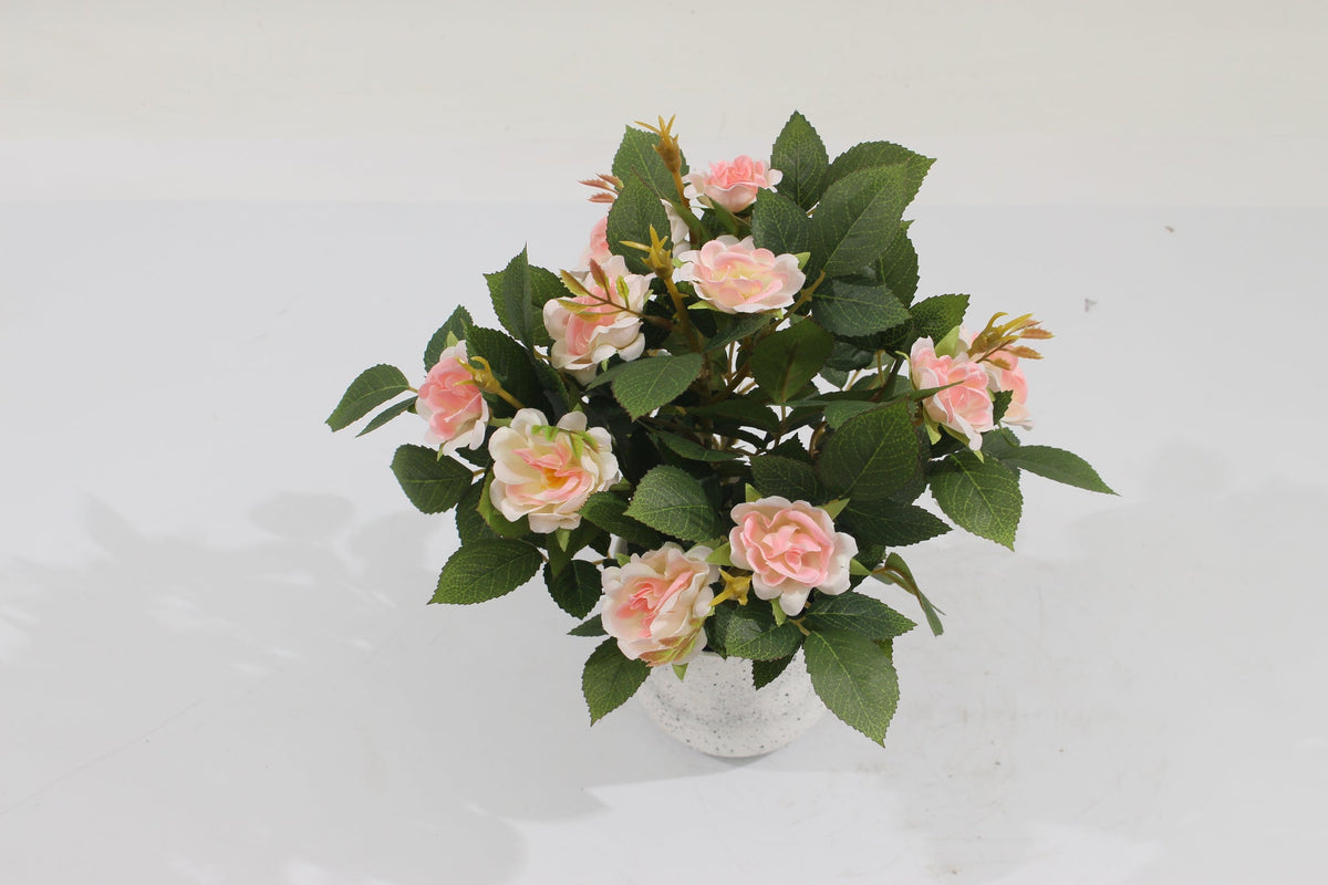 Top view of the pink flowers on the Marcolo 25 cm artificial rose bonsai