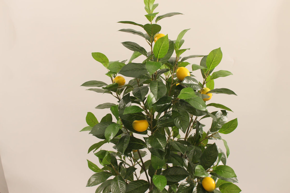 Close-up of the fruit and leaves on the Marcolo 130 cm artificial lemon tree