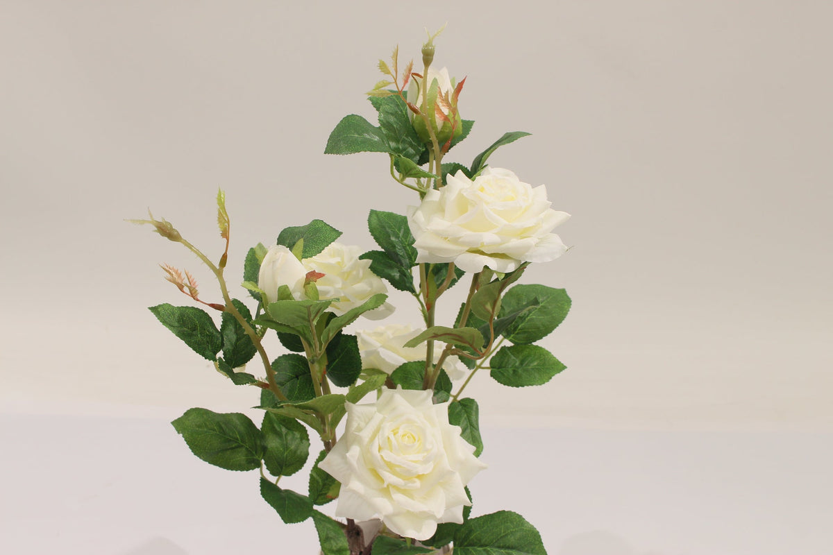 Close-up of the white roses on the Marcolo 40 cm artificial rose bonsai