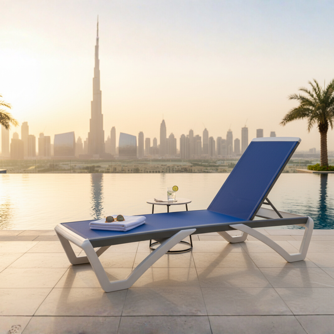 Outdoor Sun Lounger – Breathable Blue Textilene Fabric, Adjustable Backrest & Weather-Resistant Frame (White)