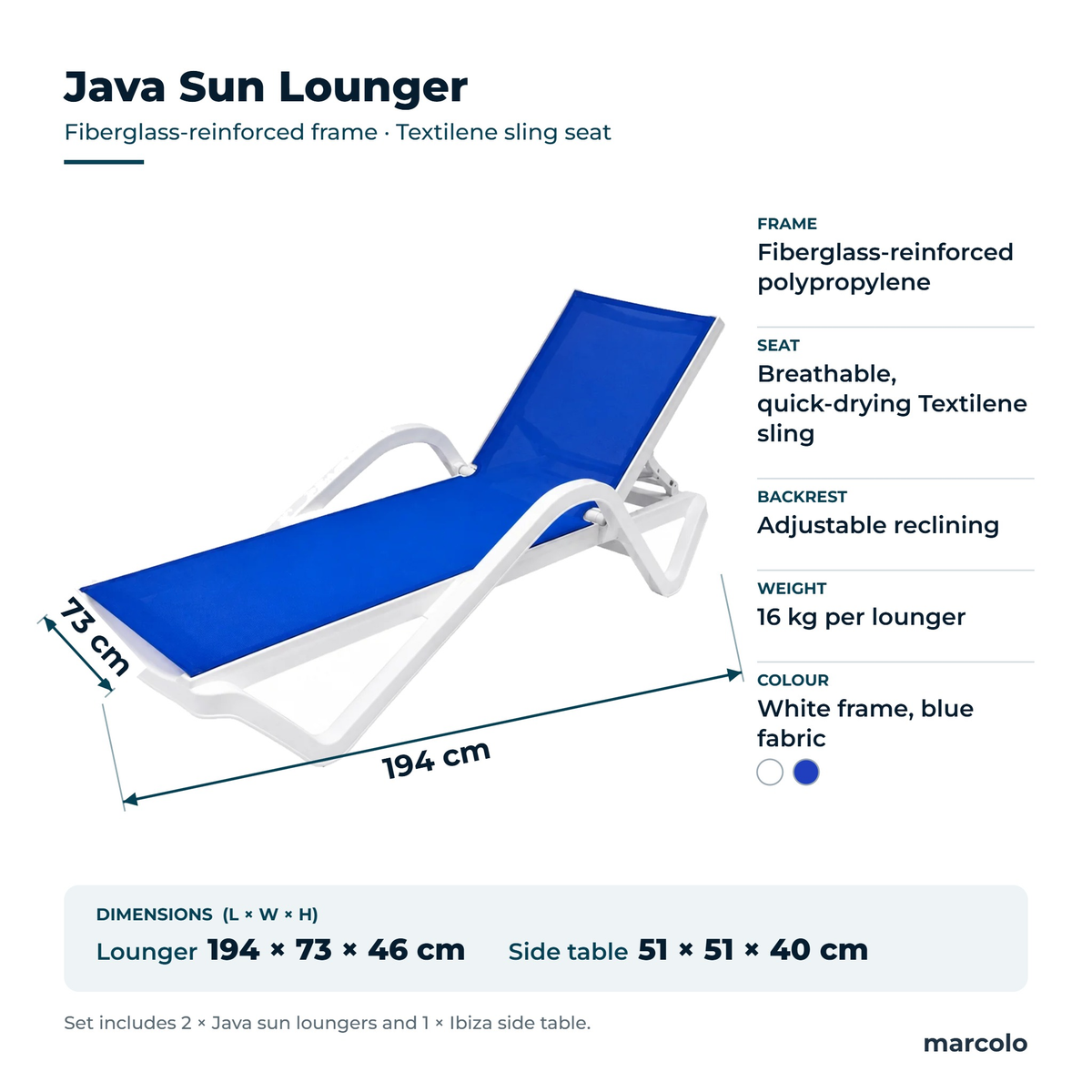Java sun lounger size and specifications: 194 × 73 × 46 cm, fiberglass-reinforced polypropylene frame, blue Textilene sling; Ibiza side table 51 × 51 × 40 cm