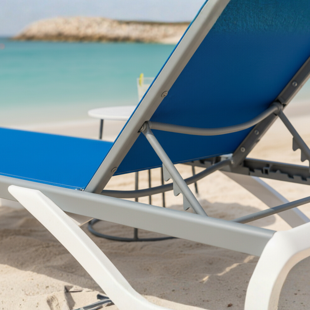 Outdoor Sun Lounger – Breathable Blue Textilene Fabric, Adjustable Backrest & Weather-Resistant Frame (White)