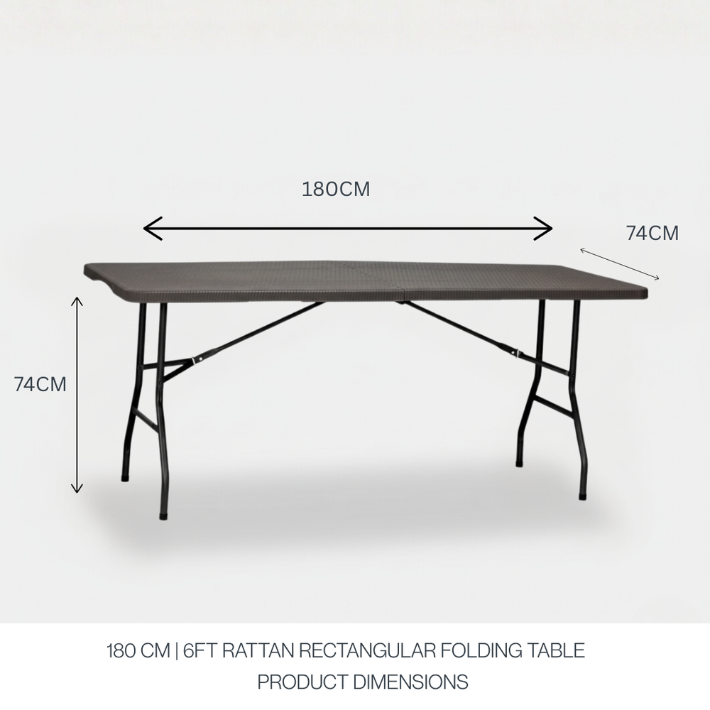 Marcolo 6 ft black rattan-style folding table size diagram