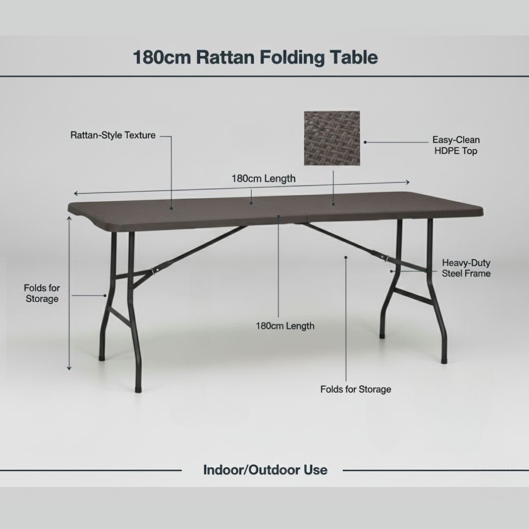 6FT Rattan Folding Table – Extra Sturdy, Weather-Resistant & Space-Saving (Black)
