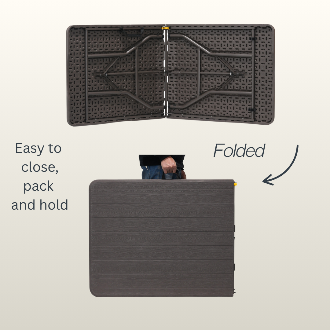 4FT Woodgrain Folding Table – Extra Sturdy, Weather-Resistant & Space-Saving (Black)