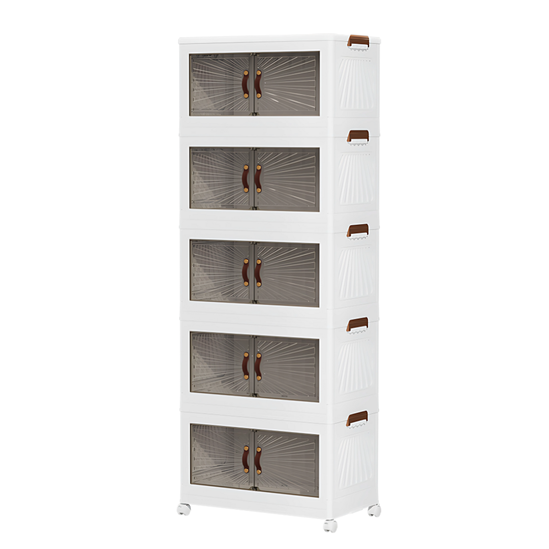 5-Layer Foldable Storage Cabinet with Doors & Wheels – Compact Modular Organizer – 50x30x131 cm – White
