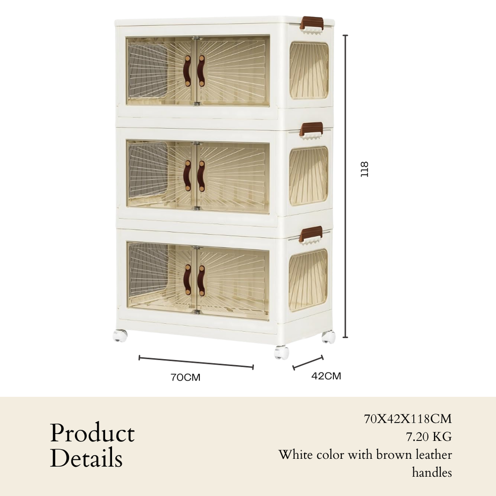 3-Layer Foldable Plastic Drawer Cabinet with Doors & Wheels (70X42X116 CM, White)