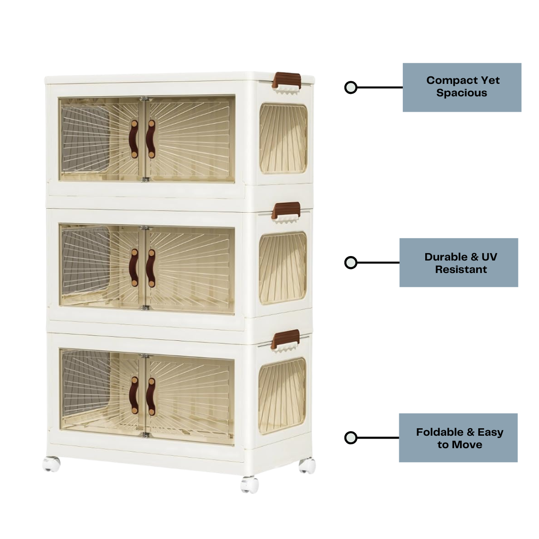 3-Layer Foldable Plastic Drawer Cabinet with Doors & Wheels (70X42X116 CM, White)
