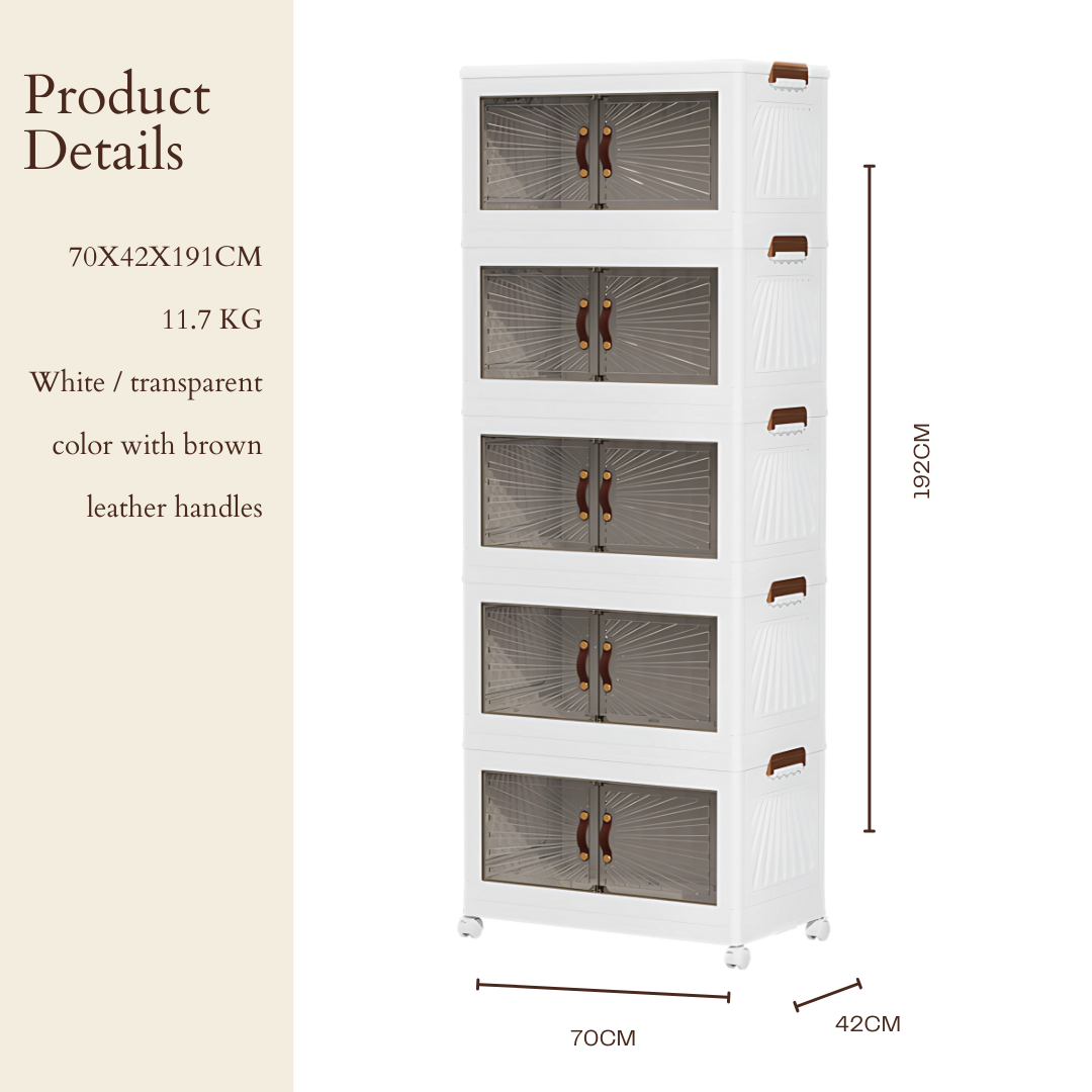 5-Layer Foldable Plastic Drawer Cabinet with Doors & Wheels (70X42X192CM, White)