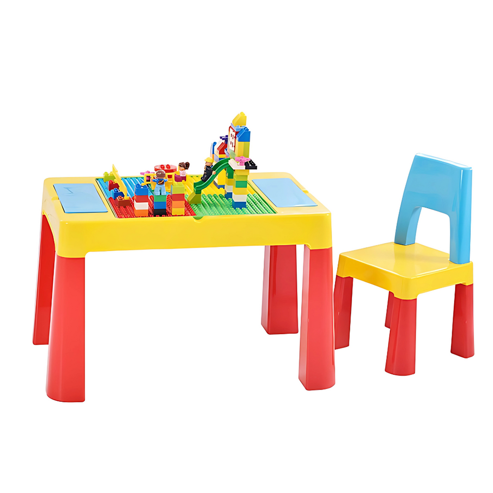 Kids Activity Table and 2 Chairs Set – Multi-Function Play & Study Desk with Double-Sided Building Block Surface