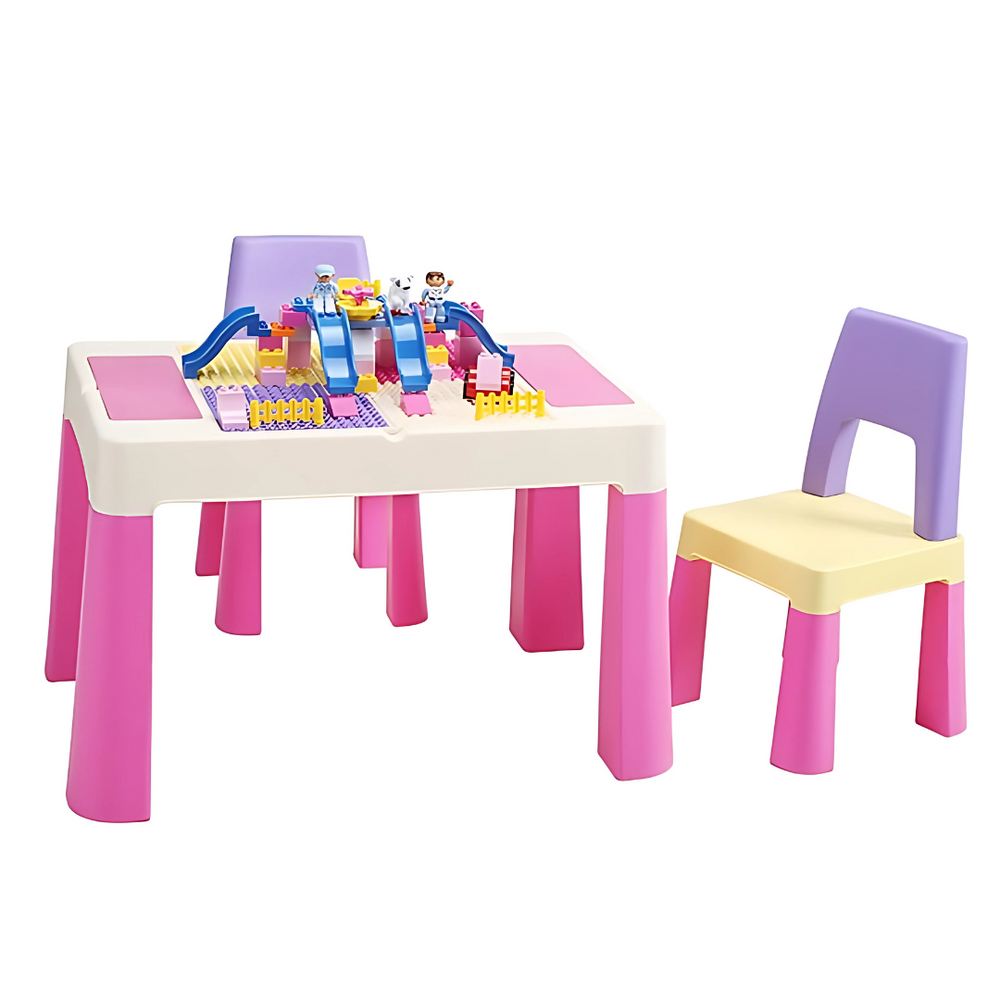 Kids Activity Table and 2 Chairs Set – Multi-Function Play & Study Desk with Double-Sided Building Block Surface