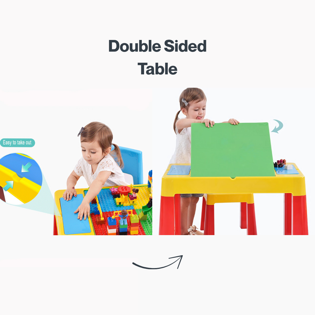 Kids Activity Table and 2 Chairs Set – Multi-Function Play & Study Desk with Double-Sided Building Block Surface
