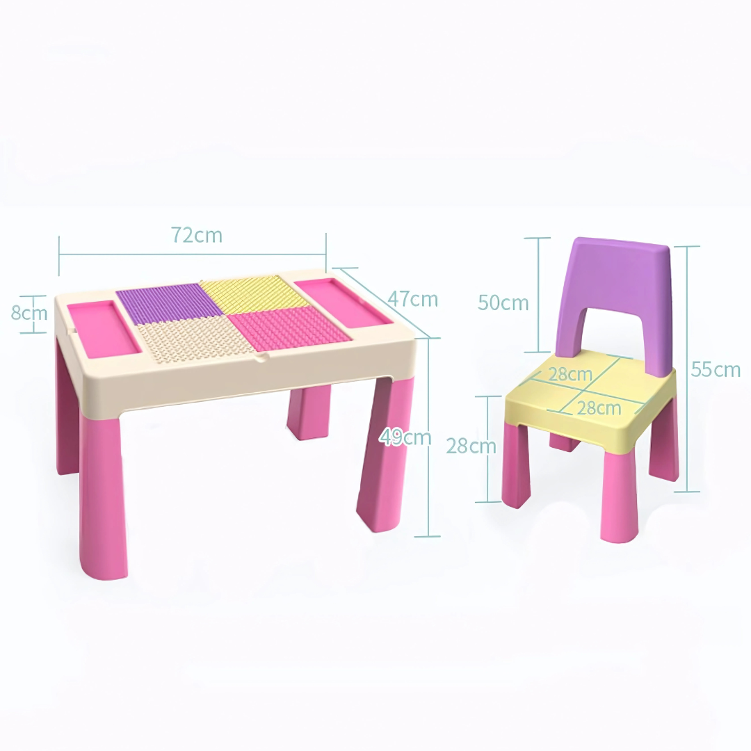 Kids Activity Table and 2 Chairs Set – Multi-Function Play & Study Desk with Double-Sided Building Block Surface
