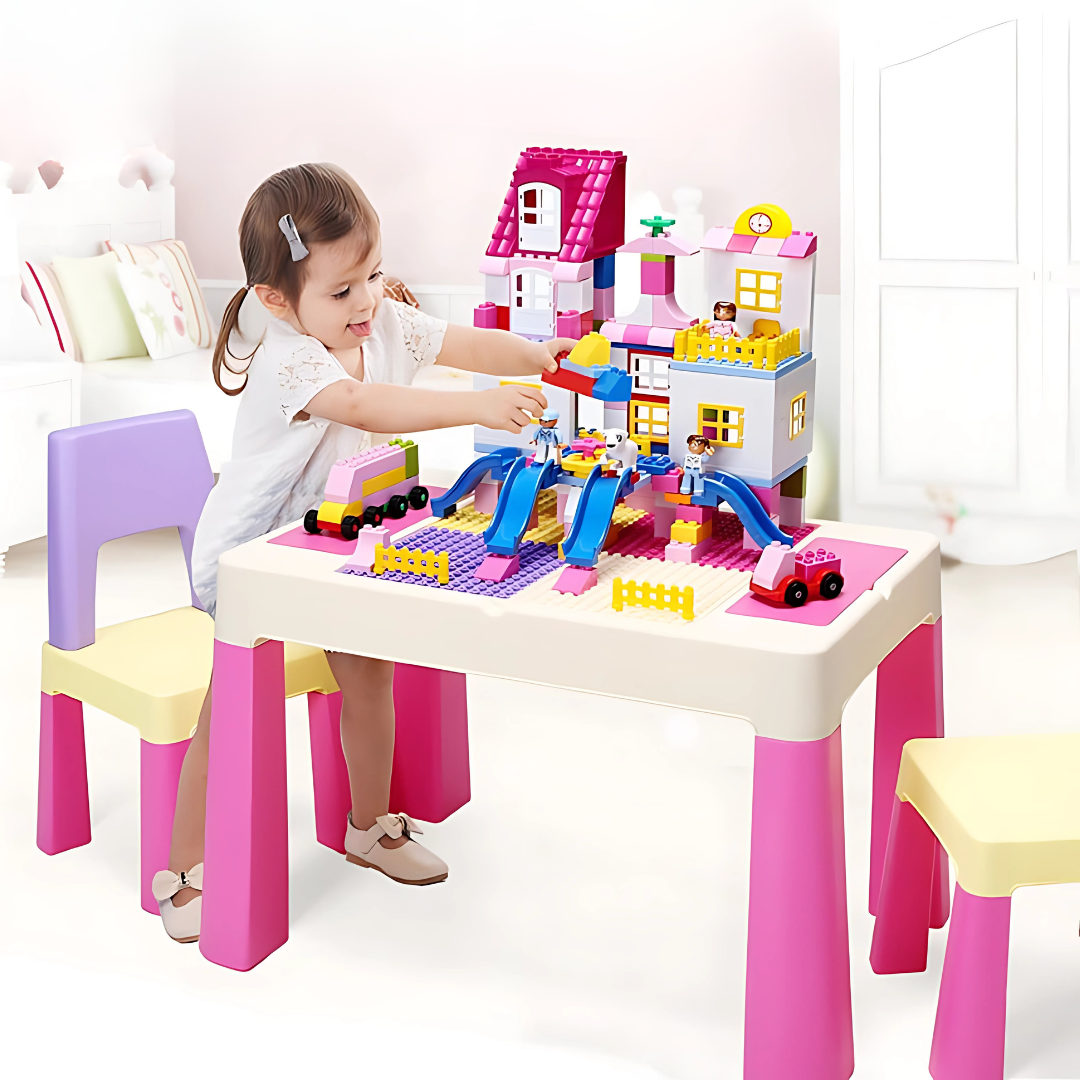 Kids Activity Table and 2 Chairs Set – Multi-Function Play & Study Desk with Double-Sided Building Block Surface